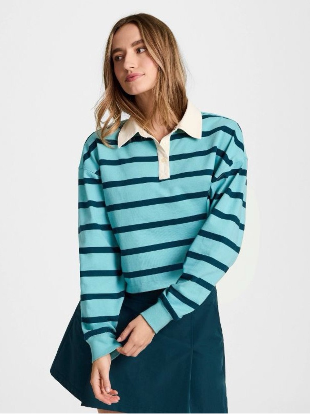 Champion Point Cropped Rugby Shirt Teal Navy Stripe Womens L NWOT